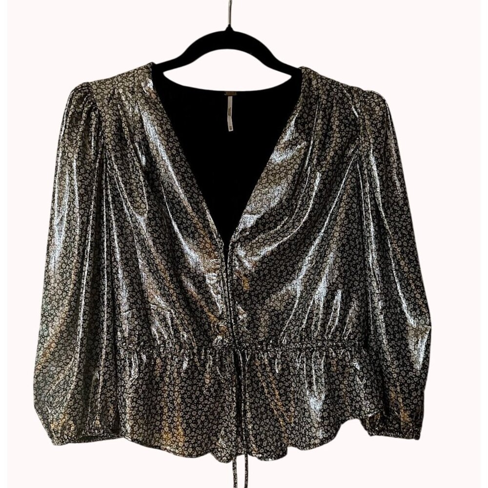 Free People XS Talk That Talk Metallic Silver Floral Puff Sleeve Ruffle Top